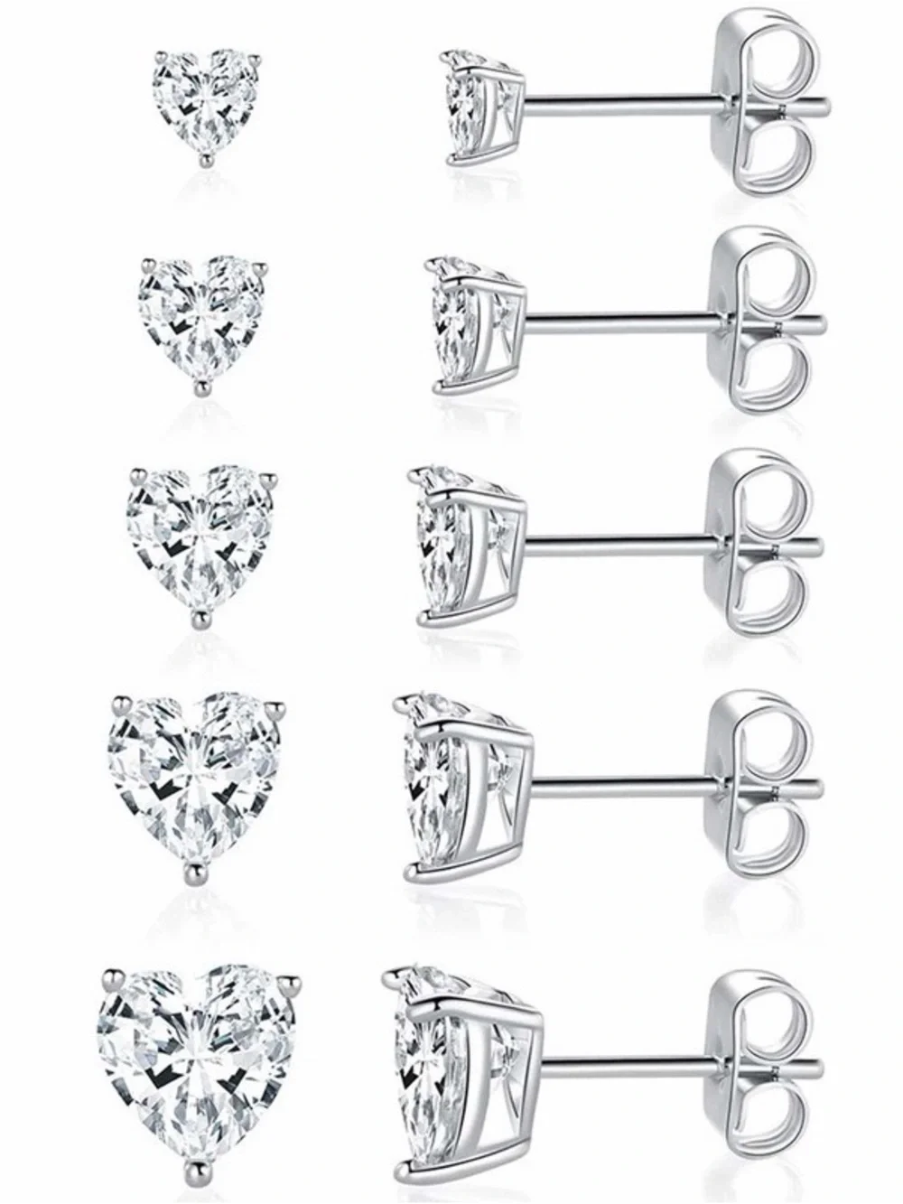 5-Pair Heart-Cut AAAAA Cubic Zirconia S925 Silver Stud Earrings Set (3mm–7mm)